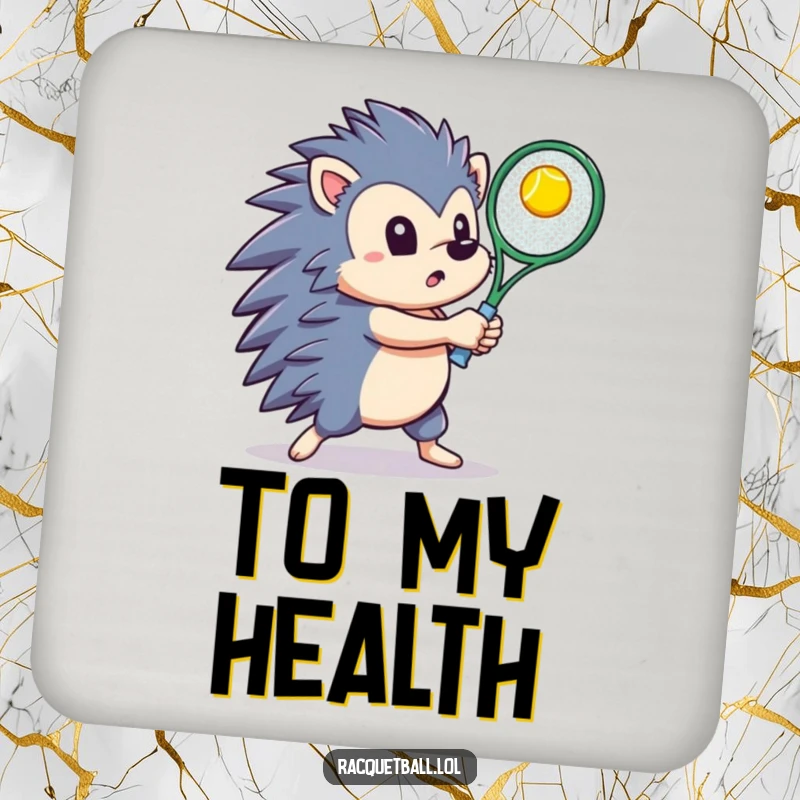 Determined hedgehog swinging a tennis racquet to hit a ball upwards, featured on a functional and decorative drink coaster.