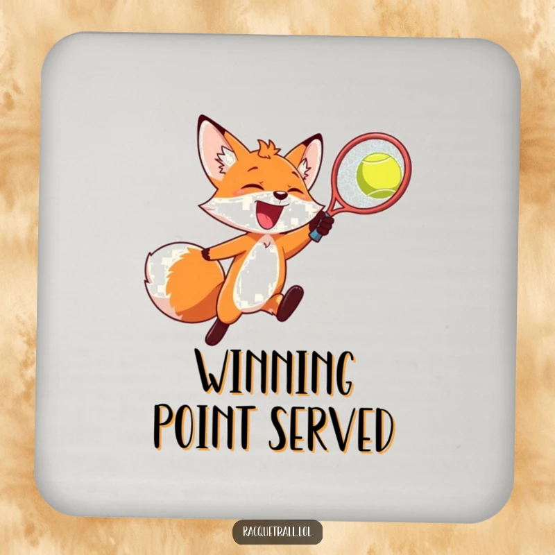 Funny drink coaster, a joyful fox leaping to smash a racquetball, adding energetic humor to surfaces.