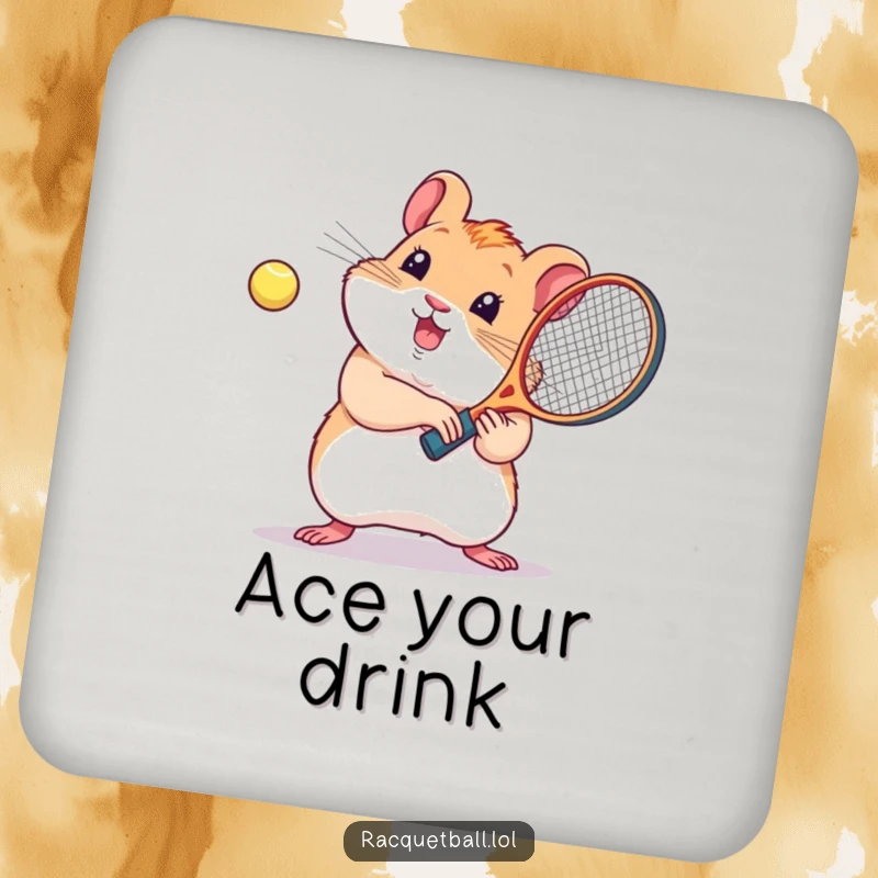 Funny drink coaster, a cute kawaii hamster playing racquetball, adding playful humor to surfaces.