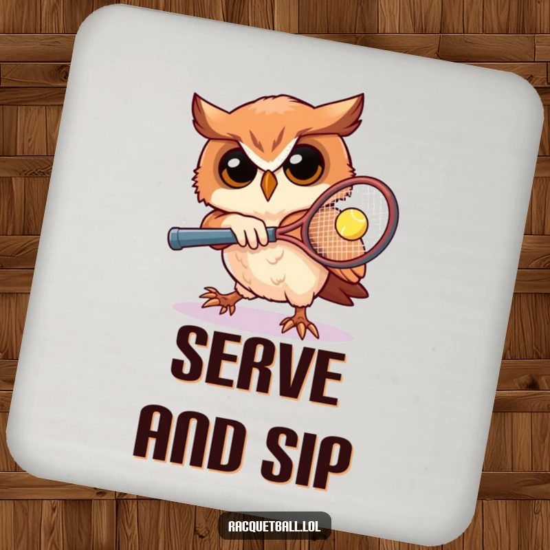 Funny owl tennis drink coaster featuring a determined owl playing racquetball, protecting surfaces with athletic humor, an ideal funny gift.