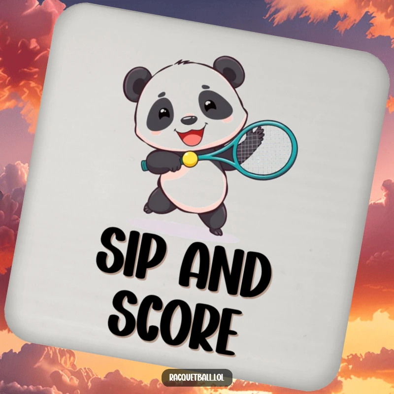 Funny coaster set featuring a joyful panda playing tennis with a comically oversized racquet, offering protection.