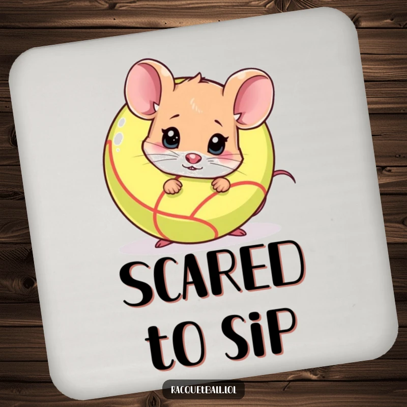 Funny shy mouse peeking from behind a racquetball on a drink coaster. A cute funny gift for tables.