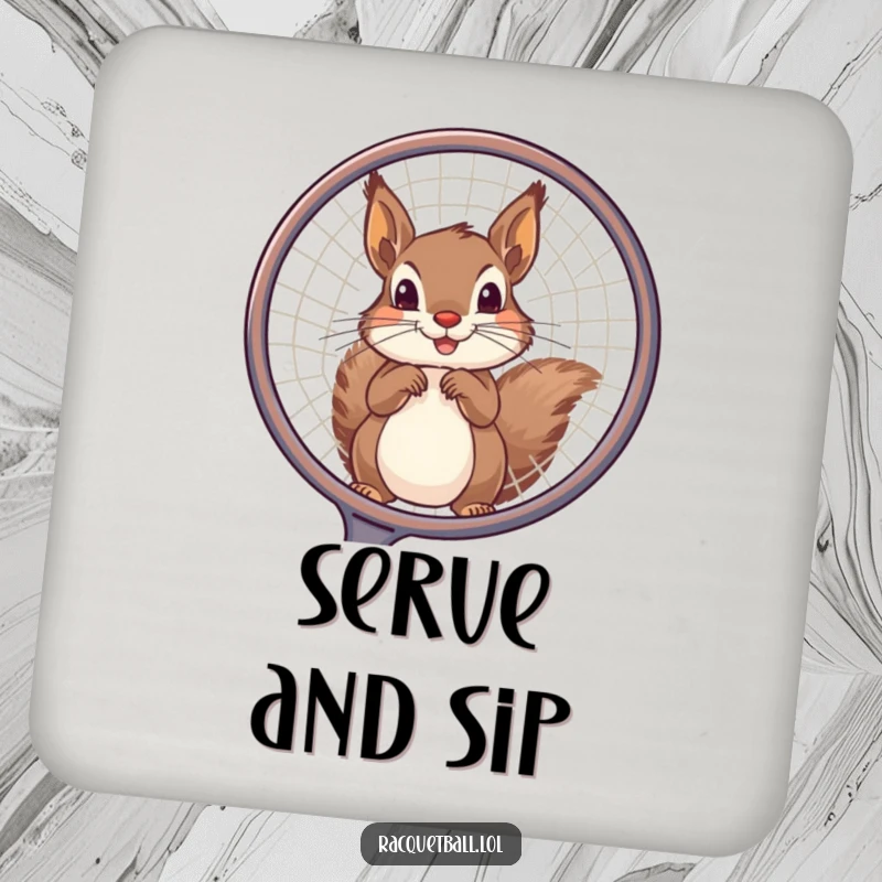 Funny squirrel coasters showing a playful squirrel peeking through a large racquet frame, adding humorous sports protection to your surfaces.
