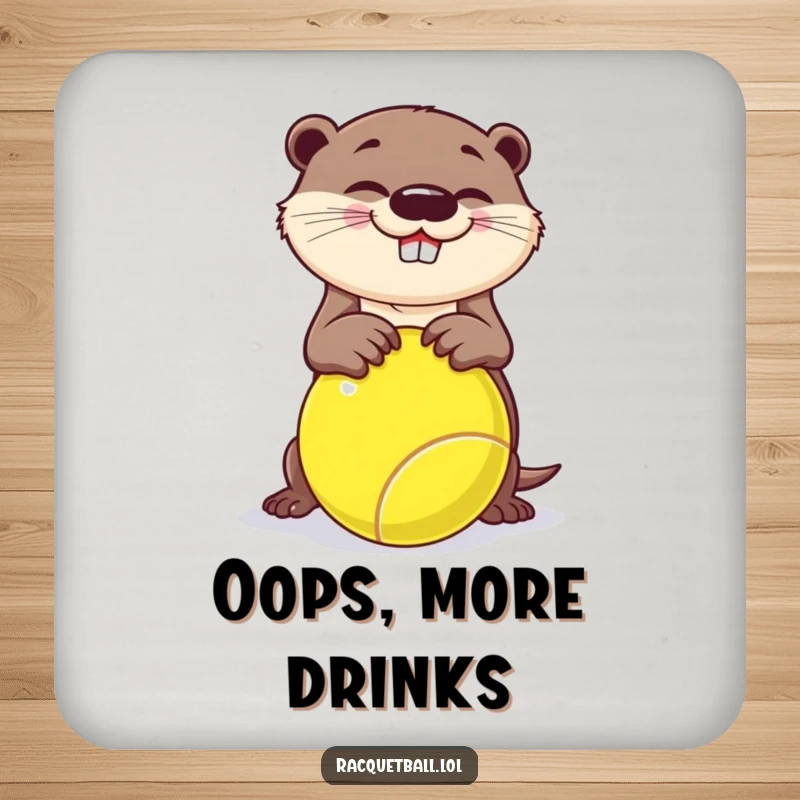 Funny drink coaster, a playful otter tripping over a giant racquetball, adding comedic humor to surfaces.