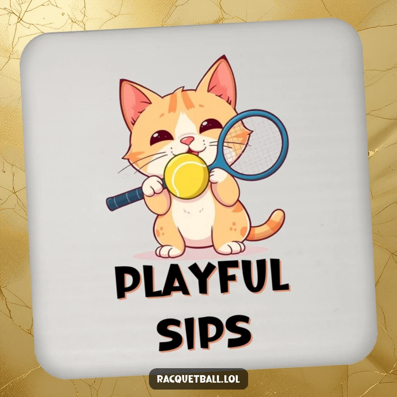 Funny Coaster: A delighted cat balances a racquetball on its nose with energetic focus, providing protection with playful charm.