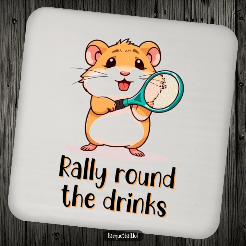 Funny drink coaster with a determined hamster character swinging a miniature plastic tennis racquet, surface protection.