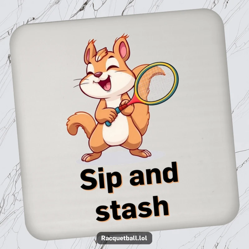 Funny squirrel tennis drink coaster featuring a joyful squirrel swinging a tiny racquet with immense effort.