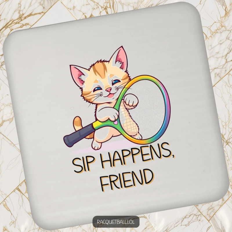 Funny kitten racquet coaster featuring a cute cat comically tripping over a giant tennis racquet, adding playful humor to drink service.