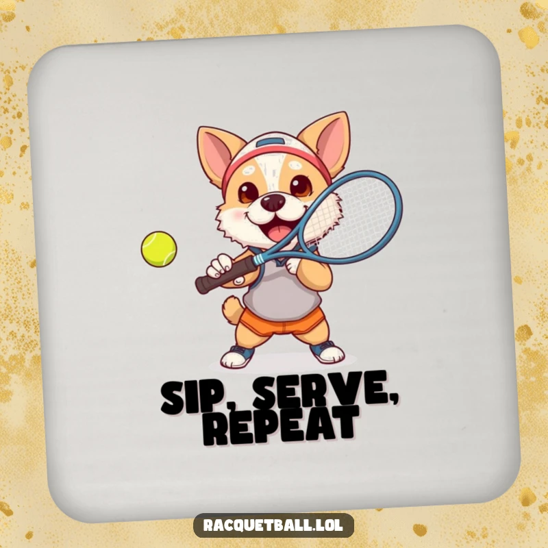 Funny dog tennis drink coaster featuring a determined dog smashing a tennis ball with a racquet.