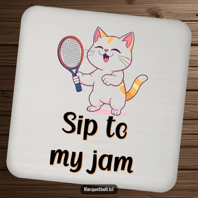 Funny cat racquetball coaster showing a gleeful feline player shaking a racquetboard, adding a touch of humor to your drink.