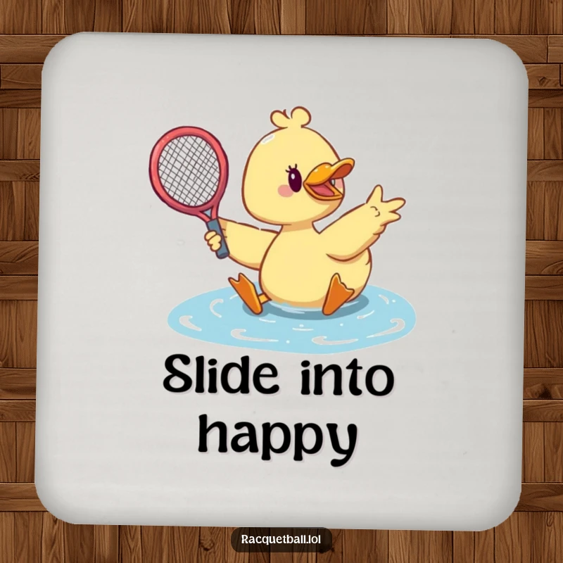 Funny duck tennis drink coaster featuring a cute duck sliding dramatically with a racquet outstretched to make a save.