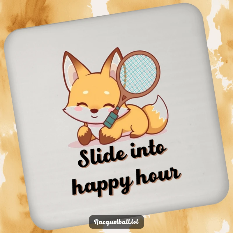 Funny Fox Slide Drink Coaster featuring a smiling fox sliding on its belly with a racquet, adding a sporty and humorous touch.