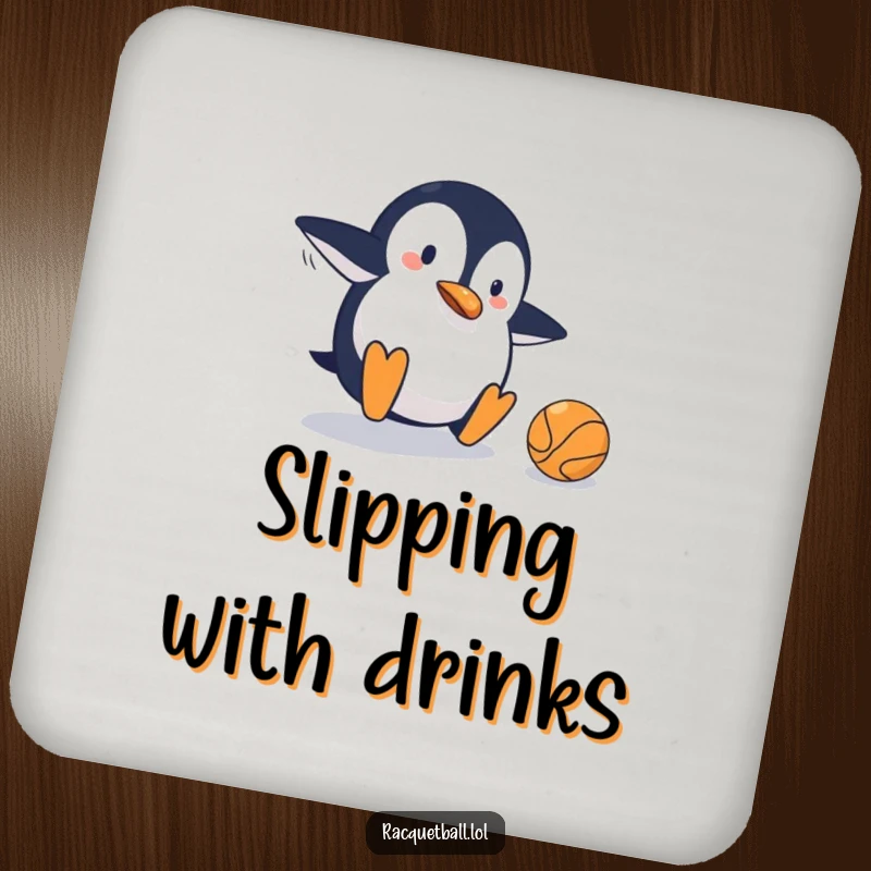 Funny drink coaster depicting a clumsy penguin sliding on a tennis court, narrowly missing the ball, adding humorous sports slapstick to any surface.