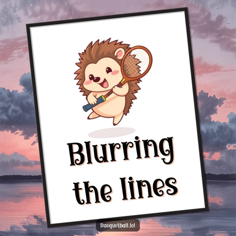 Funny hedgehog tennis poster, a happy athlete spinning with a racquet, creating a dynamic blur of motion, perfect for energetic decor.
