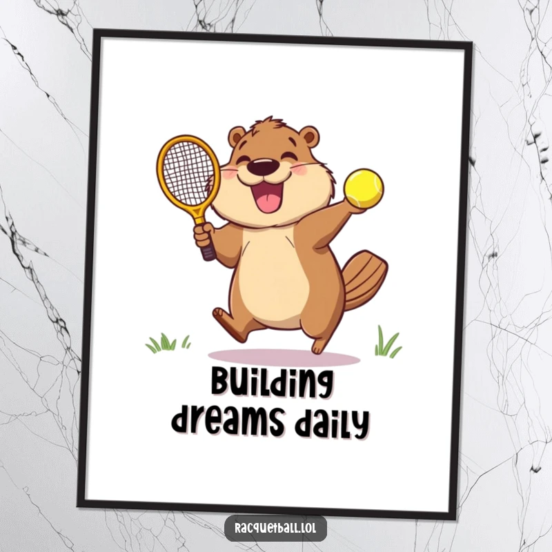 Funny poster of a gleeful beaver soaring through the air, racquetball paddle mid-swing, about to hit a bouncing ball with joy.