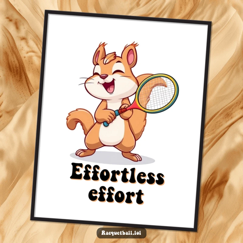 Funny squirrel tennis poster depicting a joyful squirrel swinging a tiny racquet with immense effort.