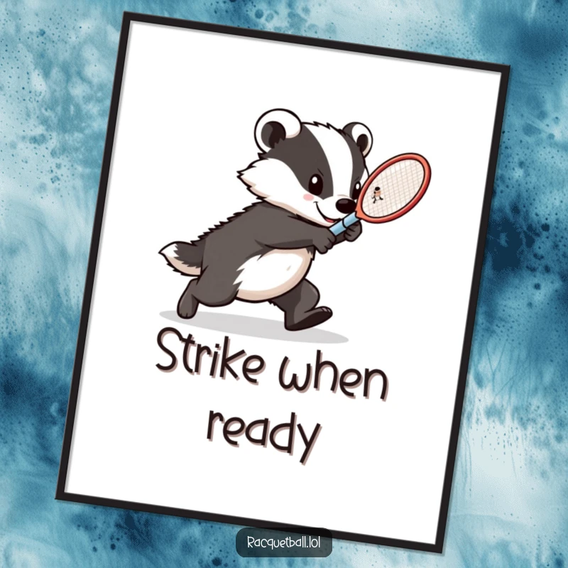 Funny badger tennis poster, a determined athlete lunging with a racquet, capturing the intensity and power of a tennis strike.