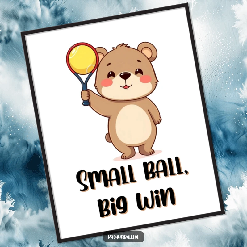 Funny Poster: Curious bear character proudly holding a tiny racquetball, humorous sports-themed wall art.