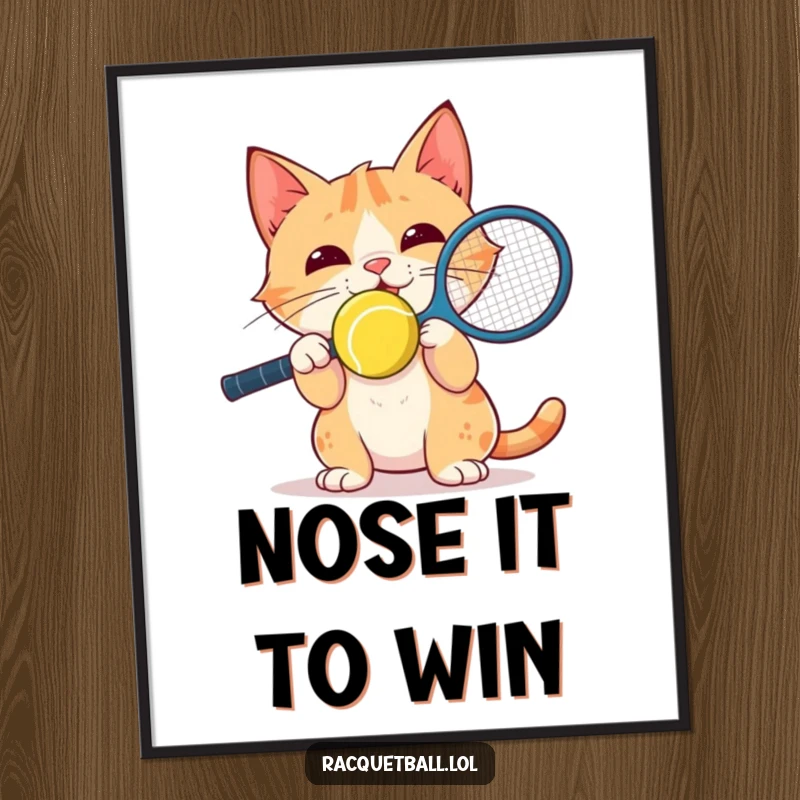 Funny Poster: A delighted cat intensely balances a yellow racquetball on its nose with focused energy, creating a whimsical artwork.