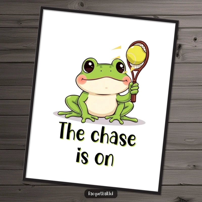 Funny poster art of a frog with wide, amazed eyes watching a racquetball zoom by, capturing a humorous moment of shock.