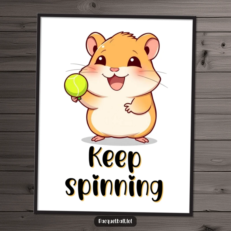 Funny hamster racquetball poster art, depicting a joyful hamster spinning a ball, perfect for sports rooms and playful spaces, a motivational gift.
