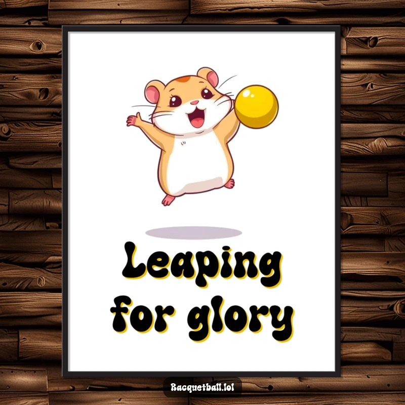 Funny poster print of a determined hamster leaping to smash a bright yellow ball, full of power.