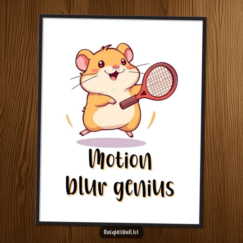 Funny hamster tennis poster depicting an energetic hamster spinning frantically with a tennis racquet in its paw.