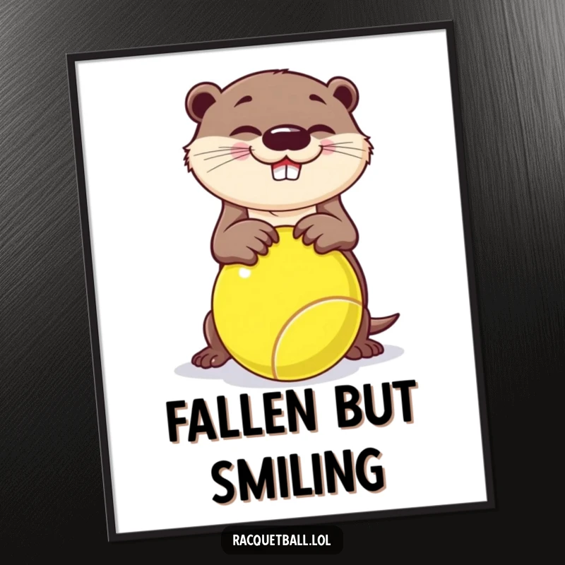 Funny otter art poster, a playful otter hilariously tripping over a giant racquetball, bringing humorous charm.