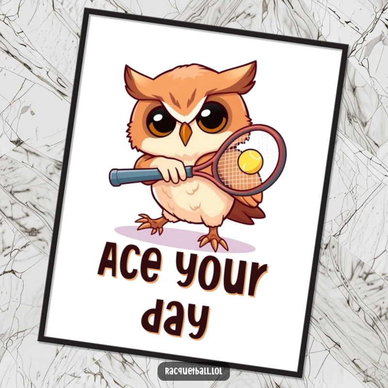 Funny owl tennis poster art, depicting a determined owl playing racquetball with intense focus, perfect for sports rooms and offices, a motivational gift.