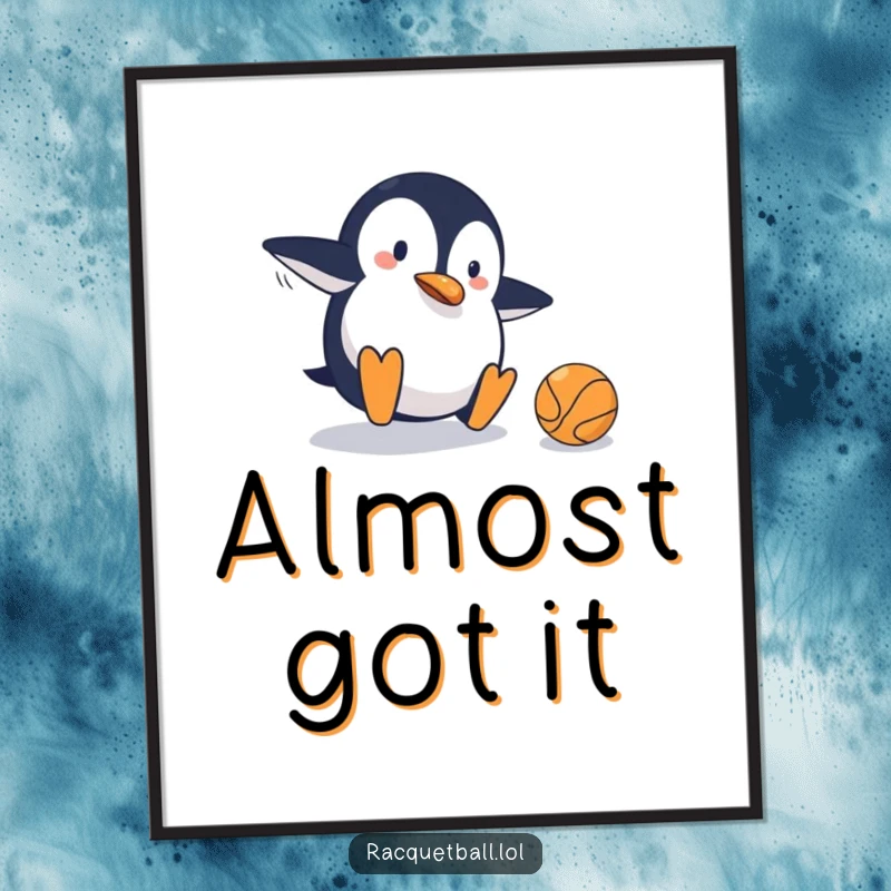 Funny poster showing a clumsy penguin sliding across a tennis court, comically missing the ball, perfect for adding humorous sports-themed decor.