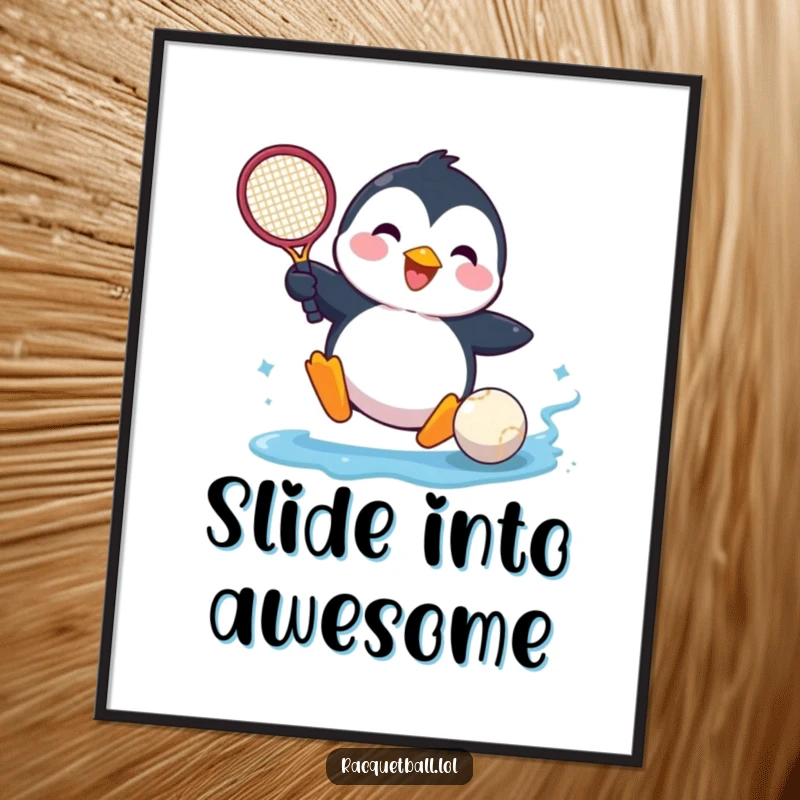 Funny poster of a happy penguin comically sliding into a tennis ball, bringing a sense of fun and sport to your decor.