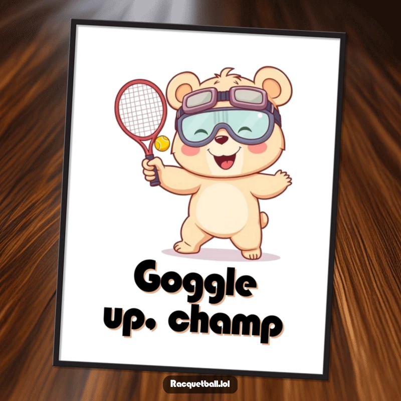 Funny poster artwork of a giggling bear wearing oversized goggles, performing a dynamic and humorous racquetball serve with a flourish.