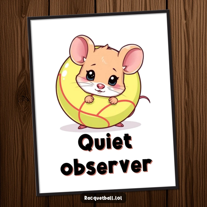 Funny shy mouse peeking nervously from behind a racquetball, printed art. A charming funny gift for wall decor.