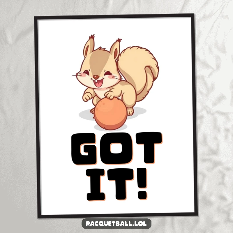 Funny poster art of a happy squirrel making a determined dive for a fuzzy ball, capturing playful action and focus.