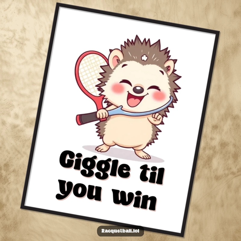 Funny poster art of a small hedgehog giggling intensely, brandishing an enormous racquetball paddle, brimming with playful energy.
