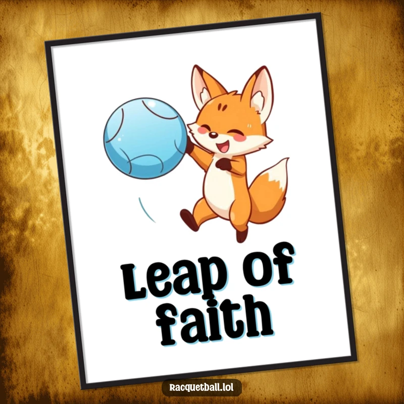 Funny smiling fox leaping dramatically to hit a bright blue ball, printed art. A dynamic funny gift for wall decor.