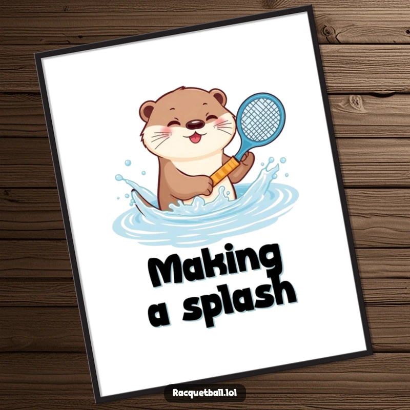 Funny otter tennis poster, a playful animal splashing water with a miniature racquet, capturing aquatic fun and charming celebration.