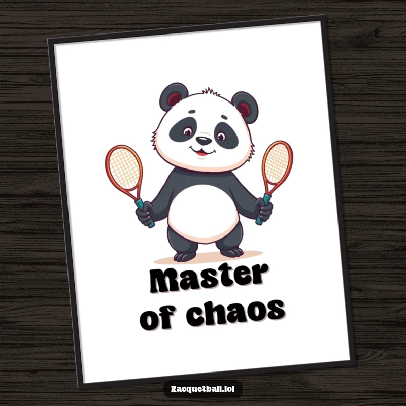 Funny poster showing a curious panda hilariously attempting to juggle two tennis racquets, adding a whimsical touch to any room.