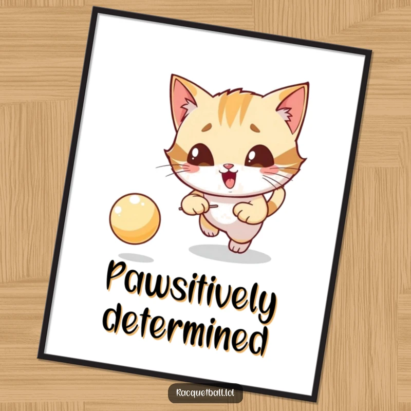Funny poster art of a giggling cat character intensely focused on chasing a bouncing ball, playful decor.