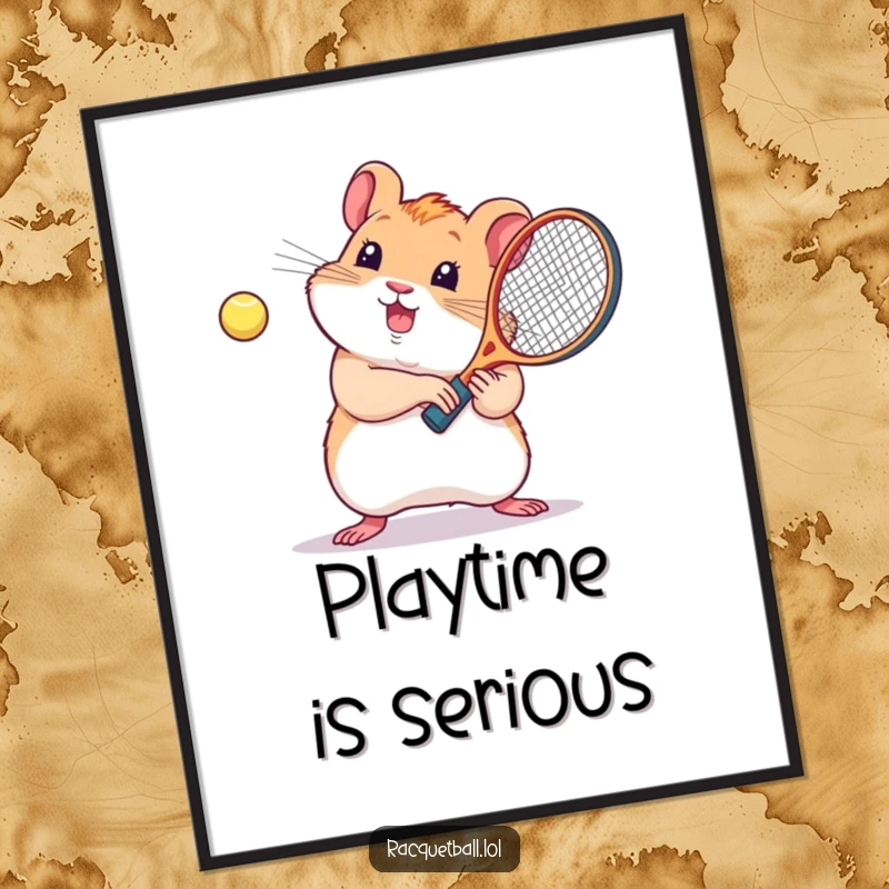 Funny kawaii art poster, a cute hamster playing racquetball with a tiny racquet, bringing joyful energy.