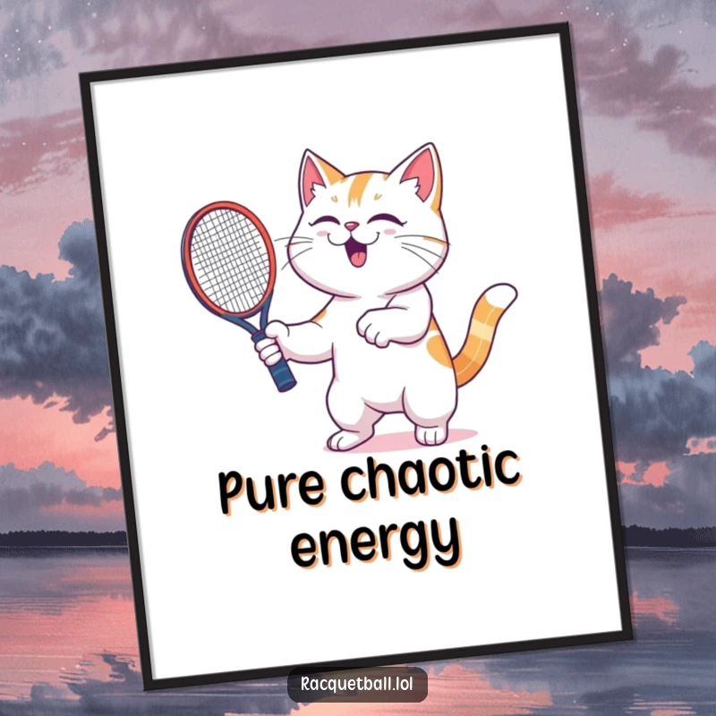 Funny cat racquetball poster showcasing a gleeful feline player enthusiastically shaking a racquetboard, radiating pure joy and athletic triumph.