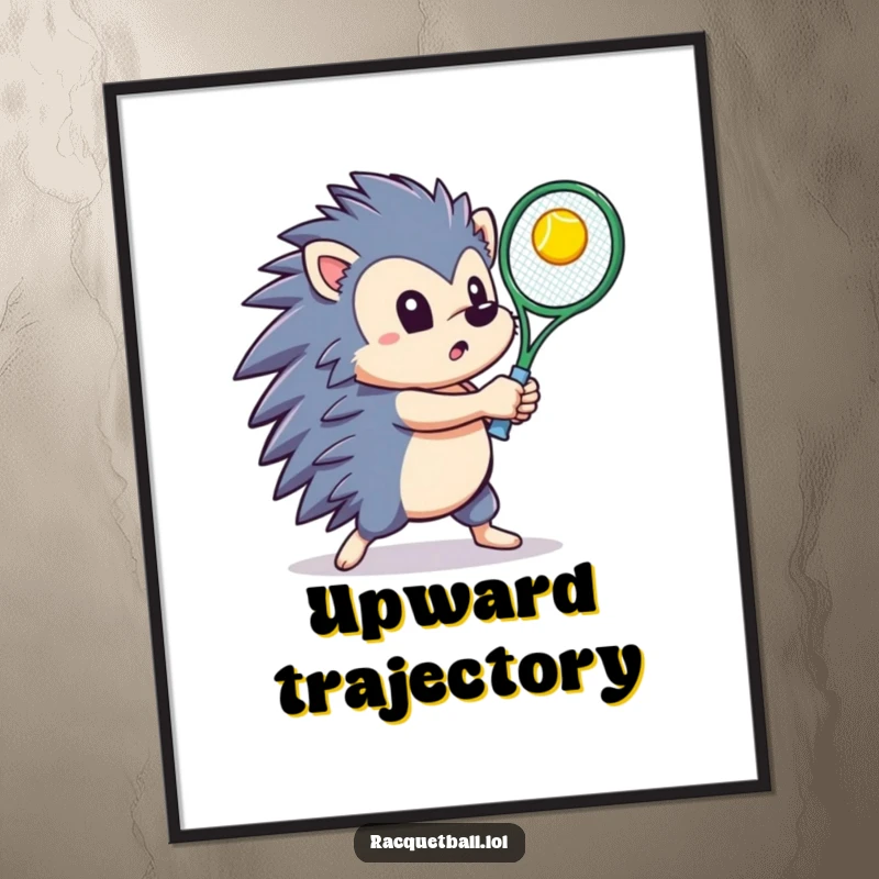 Determined hedgehog swinging a tennis racquet upwards to hit a bright ball, depicted in a funny and action-packed poster.