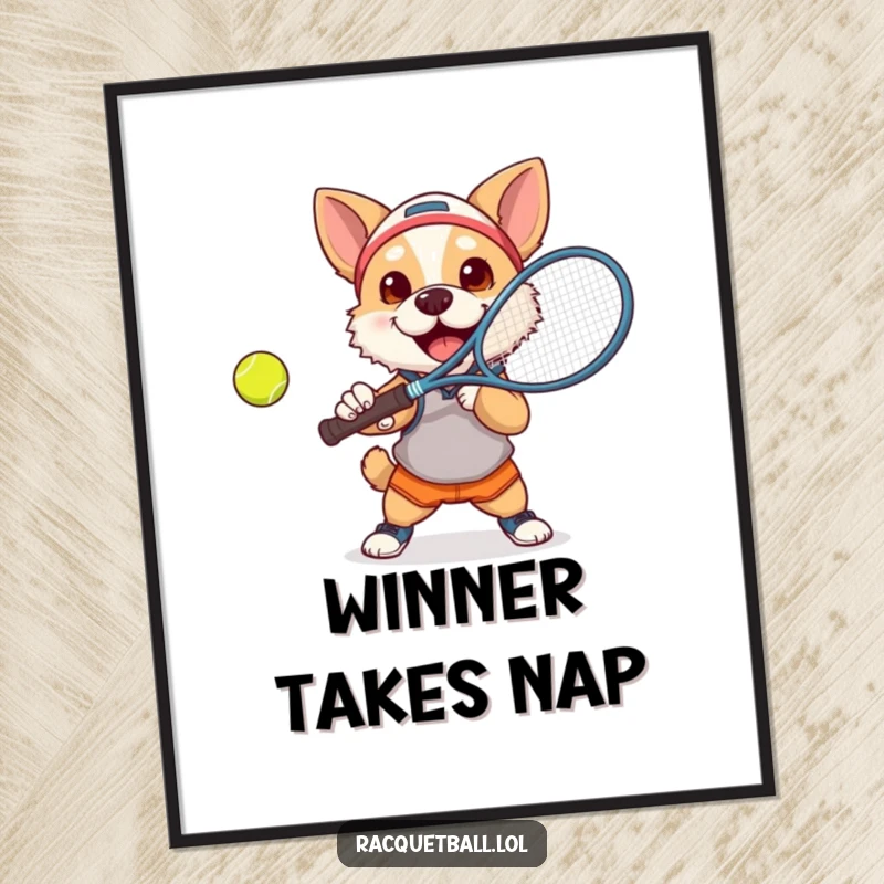 Funny dog tennis poster of a small, athletic dog determinedly smashing a tennis ball with a racquet.