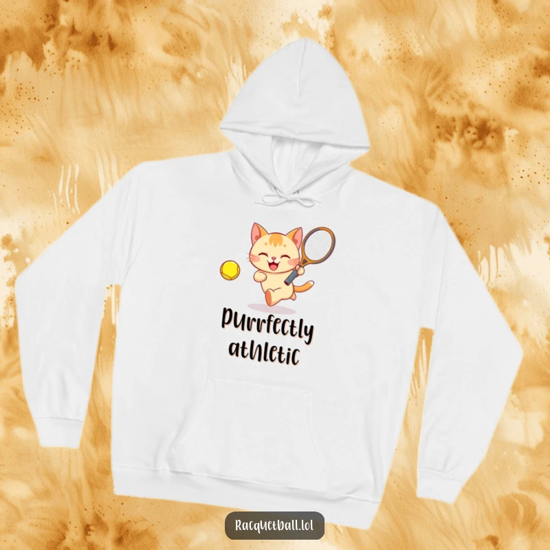 Funny Cat Hoodie with a happy cat bounding after a ball with a racquet, ideal for comfort and active fun.