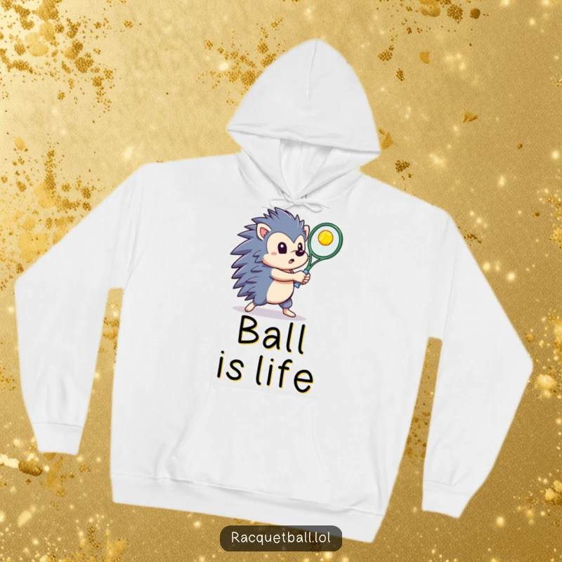 Determined hedgehog with a tennis racquet hitting a bright ball upwards, featured on a comfortable and warm hoodie.