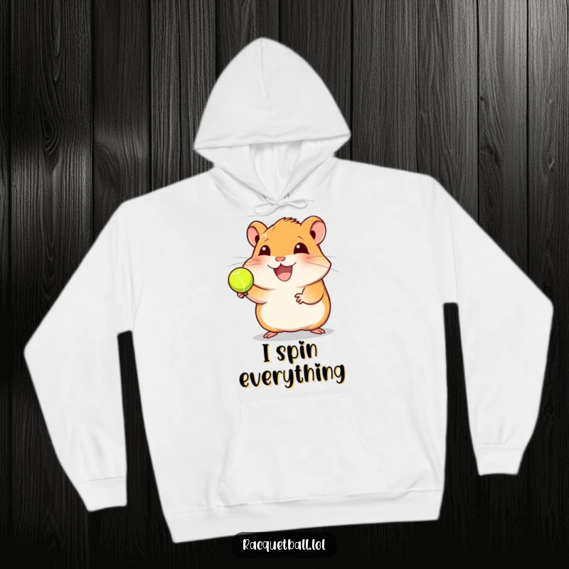 Funny hamster racquetball hoodie showcasing a joyful hamster expertly spinning a ball, designed for comfort and a love of fun sports, a great funny gift.