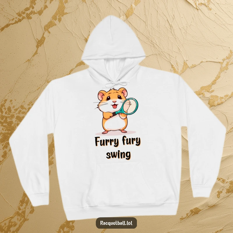 Funny hoodie featuring a determined hamster character swinging a miniature plastic tennis racquet with great effort and focus.