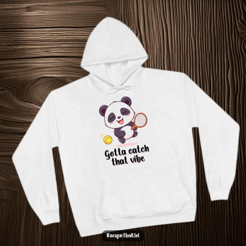 Funny Hoodie: Giggling panda character happily pursuing a runaway racquetball, comfortable and humorous casual wear.