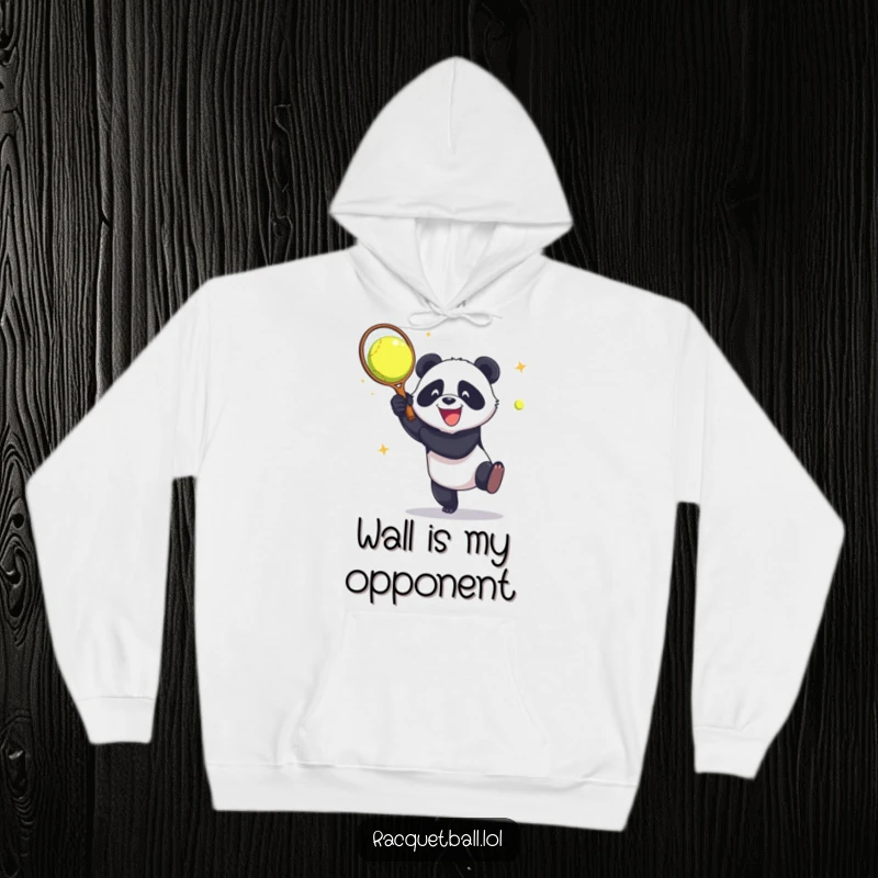 Funny Hoodie: A panda enthusiastically smashes a racquetball against a wall, embodying aggressive glee and a love for the game.