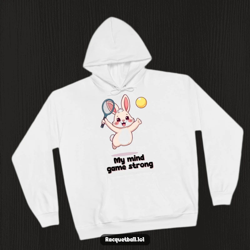 Funny rabbit tennis hoodie with a fluffy, energetic bunny leaping with a tennis racquet held high.